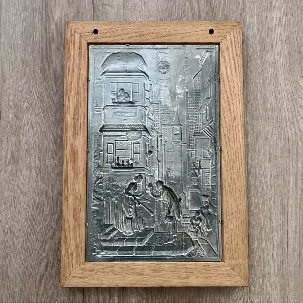 Vintage WMF Zinn German‎ Pewter Relief Wood Framed German Wall Art 11”x 16”
